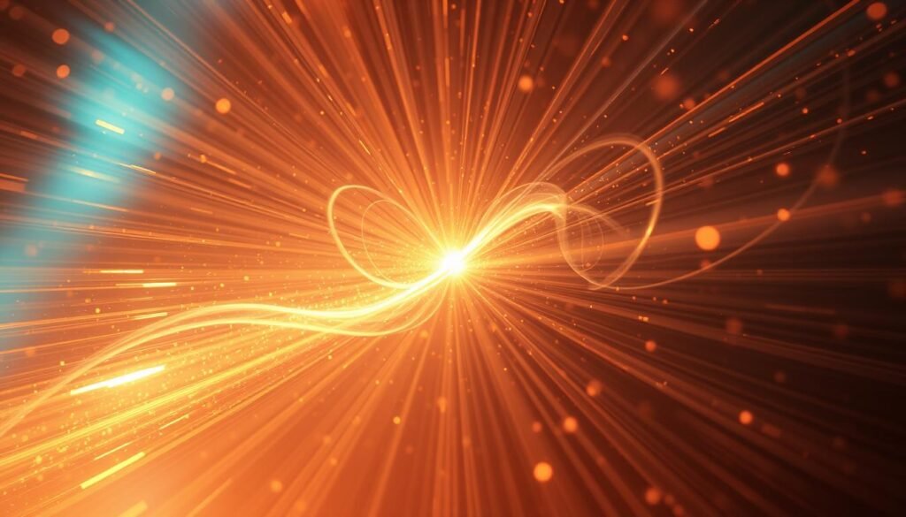 Oligio X 原美電波, a captivating holographic display effect from Glowin Beaute. Shimmering rays of light radiate outward, creating a mesmerizing illusion of depth and motion. Elegant wisps of energy swirl and pulse, subtly shifting hues that captivate the eye. A dazzling medium-shot showcases the product's alluring presence, bathed in warm, atmospheric lighting that enhances its hypnotic qualities. The overall scene evokes a sense of tranquil wonder, perfectly encapsulating the long-lasting, enchanting impact of Oligio X 原美電波.