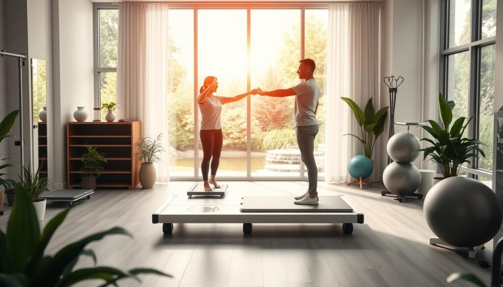 A bright and airy physical therapy clinic, with a large window overlooking a serene garden. In the foreground, a patient is undergoing balance exercises on a specialized platform, guided by a physiotherapist. The middle ground features various rehabilitation equipment, including balance boards, exercise balls, and resistance bands. The background showcases calming nature imagery, such as lush plants and a tranquil pond, creating a soothing and therapeutic atmosphere. Soft, natural lighting filters through the window, casting a warm glow on the scene. The overall composition emphasizes the integration of modern medical techniques and a holistic, nature-inspired approach to addressing inner ear imbalance and related conditions.