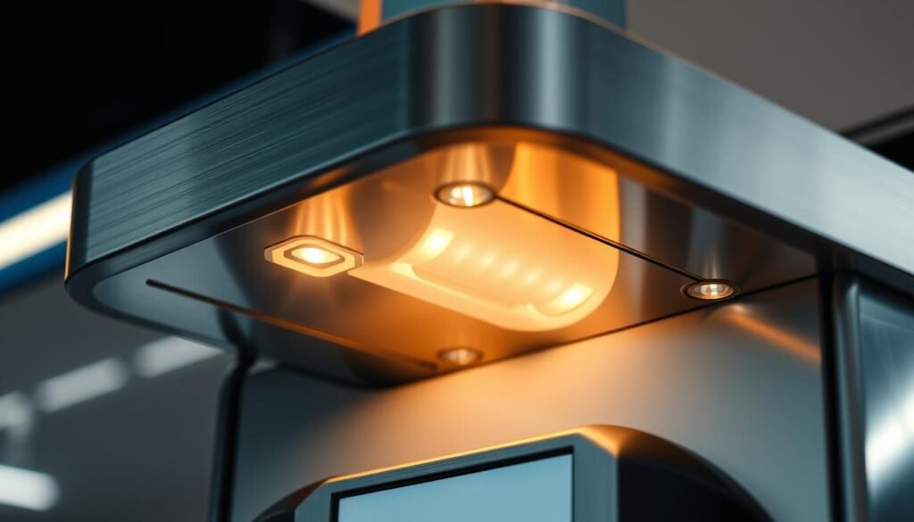 A custom-designed, Aloha-branded LED lighting fixture for a gas station pump, featuring a sleek, minimalist design with a warm, inviting glow. The fixture is mounted discreetly on the pump, casting a soft, ambient light that enhances the overall ambiance of the fueling area. The metallic body has a brushed aluminum finish, seamlessly blending with the pump's modern aesthetic. Precisely engineered reflectors and diffusers ensure an even, consistent illumination, creating a welcoming and visually appealing experience for customers.
