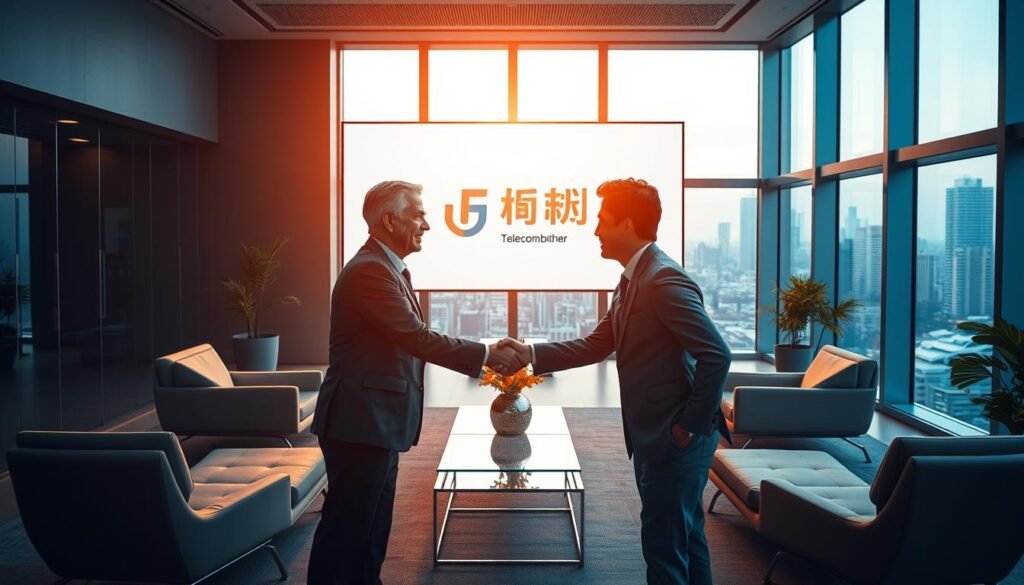 A dramatic, cinematic scene showcasing the Telecombrother brand's "轉台優惠". In the foreground, two business professionals shake hands, finalizing a deal amidst a sleek, modern office setting. Behind them, a large display screen prominently features the Telecombrother logo and the "轉台優惠" offering, bathed in warm, golden light. The middle ground is adorned with minimalist, angular furniture and decor, creating a sense of sophistication. In the background, the cityscape is visible through floor-to-ceiling windows, hinting at the brand's extensive reach and capabilities. The overall mood is one of professionalism, innovation, and the seamless integration of technology into everyday business.