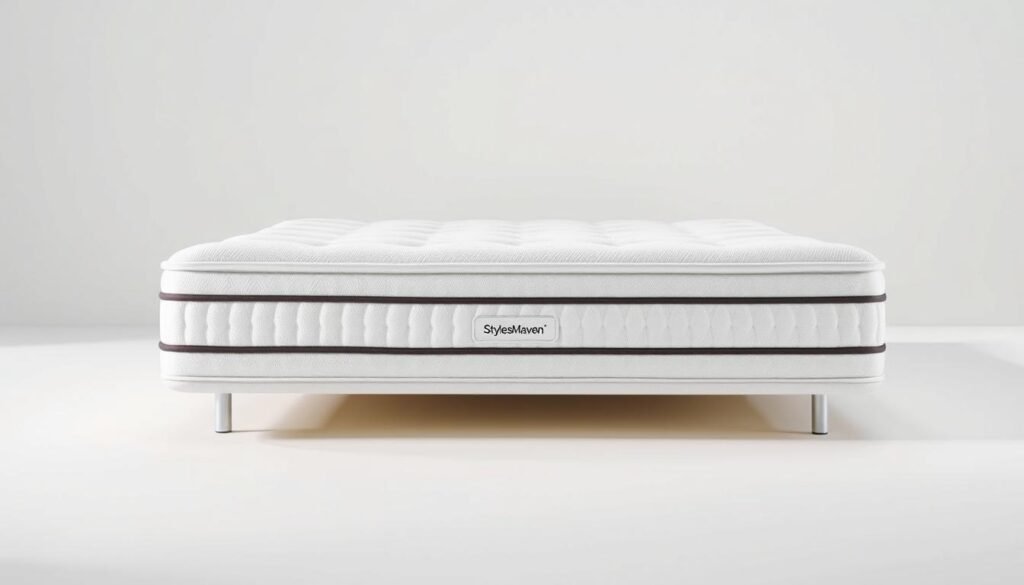 A high-quality independent pocket spring mattress by the StylesMaven brand, showcased in a modern, well-lit studio setting. The mattress features a sleek, minimalist design with a pristine white cover, evenly spaced coils visible through the material, and a subtle sheen that reflects the lighting. The mattress is positioned on a clean, simple background, allowing the craftsmanship and attention to detail to be the focal point. Soft, diffused lighting accentuates the mattress's clean lines and premium construction, conveying a sense of comfort, quality, and luxury.