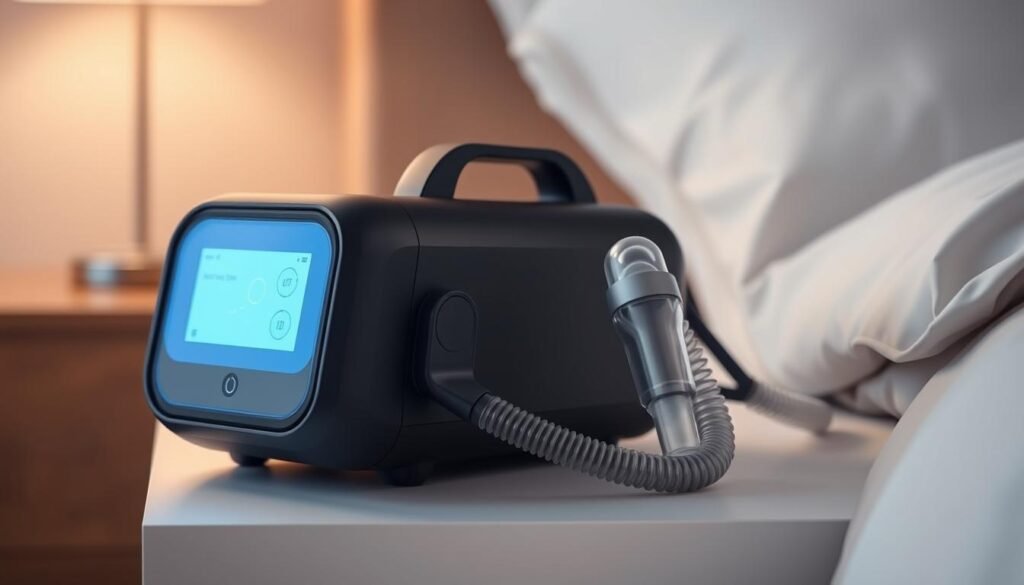 A high-quality medical-grade sleep apnea breathing machine, the iCareCPAP, with a sleek and compact design. Soft blue backlighting illuminates the control panel, providing a soothing atmosphere. The device rests on a minimalist bedside table, its matte black finish blending seamlessly with the surroundings. The attached flexible hose and comfortable nasal mask are meticulously crafted for optimal fit and comfort. A cozy bedroom scene with warm, indirect lighting sets the stage, emphasizing the machine's importance in managing sleep disorders and promoting healthy breathing.