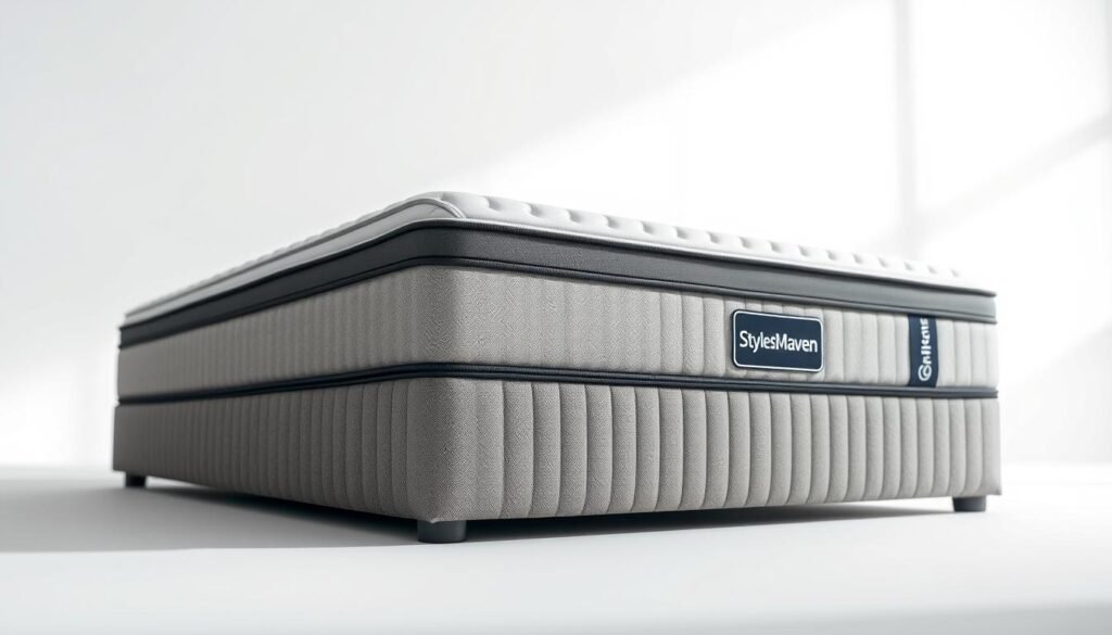 A high-quality, stylish independent pocket spring mattress from the StylesMaven brand, showcasing its superior construction and materials. The mattress is displayed in a well-lit studio setting, with a clean, minimalist background that allows the details to shine. The mattress is positioned to reveal its independent spring system, highlighting its ability to provide personalized support and reduce motion transfer. The overall composition conveys a sense of comfort, quality, and attention to detail that would be appealing to potential customers seeking a premium sleeping experience.