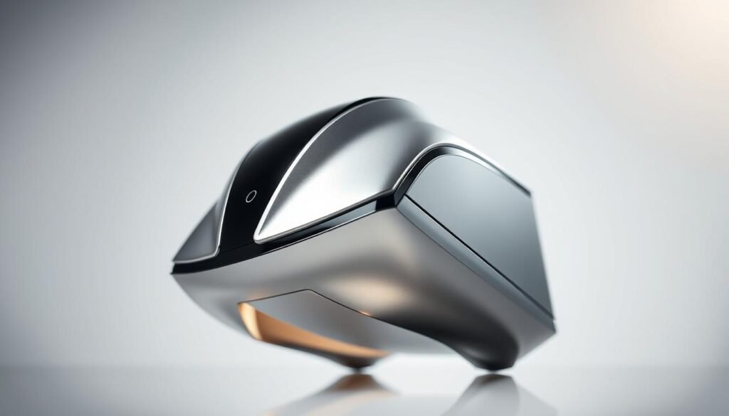 A high-resolution close-up of the Glowin' Beaute "Oligio X" device, prominently displaying its sleek, modern design with a metallic silver and black color scheme. The device is shown in a softly-lit studio setting, with dramatic lighting accentuating its polished, angular surfaces and intricate details. The background is a clean, minimalist backdrop that allows the device to be the focal point. The image conveys a sense of advanced technology, precision engineering, and premium quality, effectively showcasing the unique features and capabilities of the "Oligio X" radio frequency skincare technology.