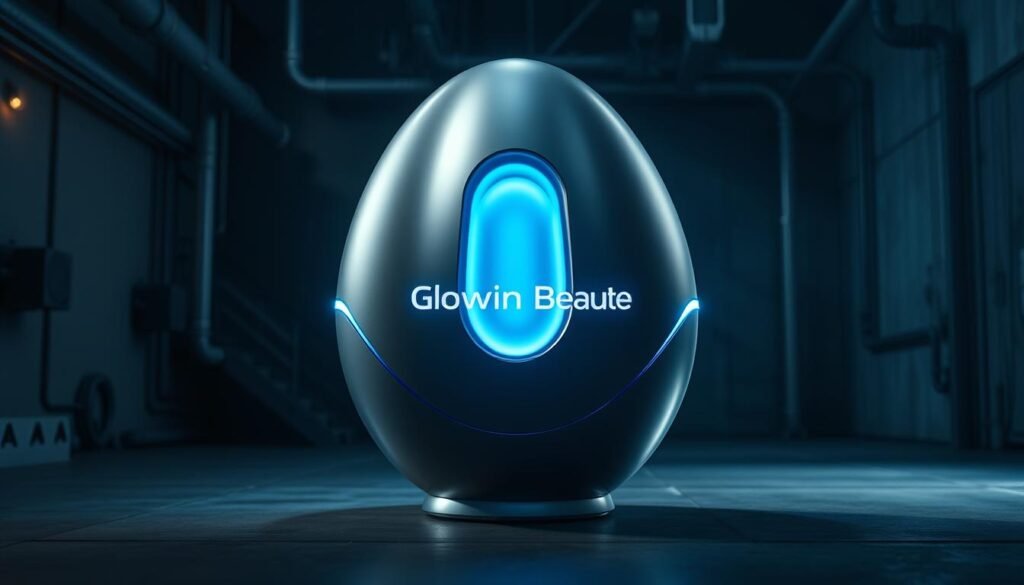A high-tech, sleek, and futuristic looking device with the brand name "Glowin Beaute" prominently displayed. The device has a metallic, minimalist design with a curved, egg-shaped body and a glowing blue light emanating from the center. The background is a dimly lit, industrial setting with steel and concrete textures, giving a sense of advanced technology and innovation. The lighting is dramatic, with sharp shadows and highlights accentuating the device's form. The overall mood is one of sophisticated technology, precision engineering, and a glimpse into the future of cryogenic cooling solutions.