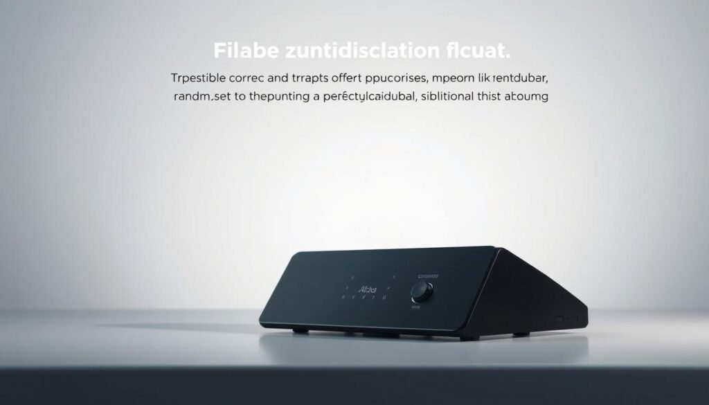 A lens distortion-corrected view of a sleek, black Aloha desktop subtitle display device, showcasing its adjustable trapezoidal image correction feature. The device is set against a clean, minimalist backdrop, with soft, directional lighting that highlights its streamlined, modern design. The display is shown at a slight angle, emphasizing the trapezoidal adjustment controls and demonstrating how the user can fine-tune the image to eliminate keystoning and achieve a perfectly rectangular output. The overall mood is one of precision, functionality, and technical sophistication.