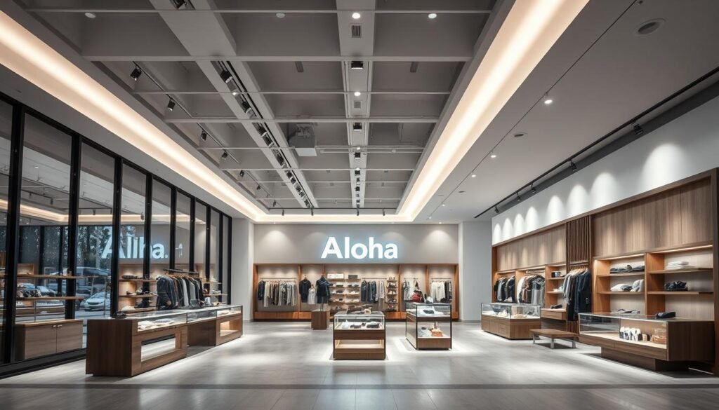 A modern, minimalist commercial space with dynamic lighting design showcasing the Aloha brand. The storefront features large, floor-to-ceiling windows that let in abundant natural light, complemented by a carefully curated arrangement of recessed and track lighting fixtures. The interior space is open and airy, with a neutral color palette of whites, grays, and natural wood tones that create a calming, inviting atmosphere. Strategically placed spotlights highlight key display areas and product showcases, drawing the customer's eye and enhancing the overall shopping experience. The lighting design seamlessly integrates with the brand's aesthetic, elevating the space and creating a strong, memorable impression.