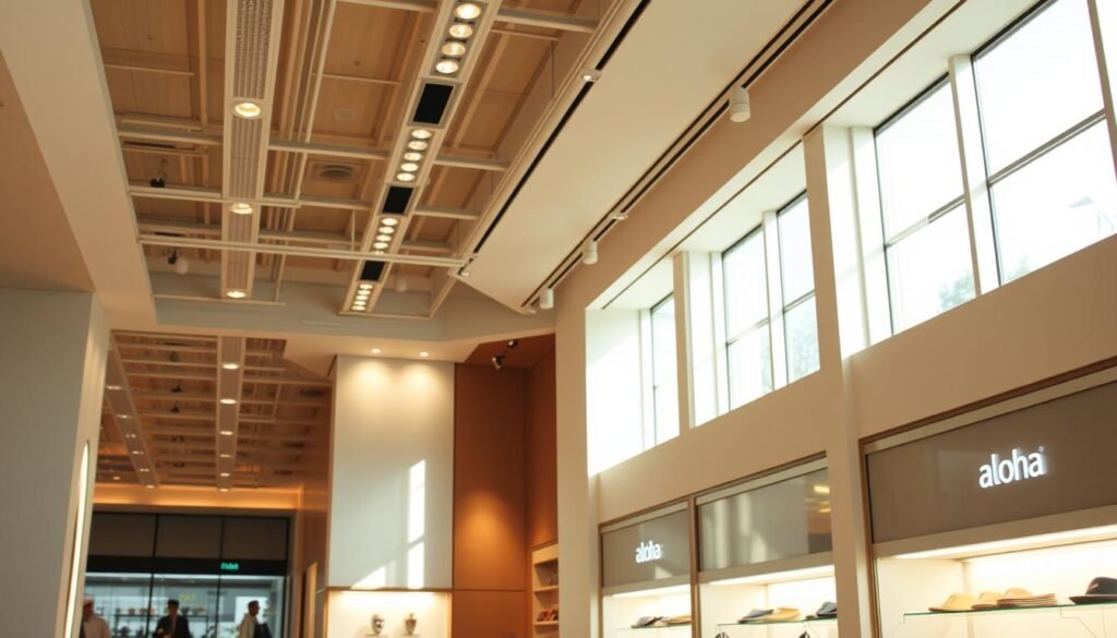 A modern, well-lit commercial interior with a focus on the Aloha brand's LED lighting system. The space features a sleek, minimalist design with clean lines and a neutral color palette. Strategically placed Aloha LED fixtures create a warm, inviting ambiance, highlighting key display areas and merchandise. Soft, diffused lighting from the overhead fixtures casts a gentle glow, complementing the natural daylight from large windows. The Aloha logo is subtly integrated into the lighting design, reinforcing the brand's presence. The overall scene conveys a sense of sophistication, energy efficiency, and a premium shopping experience.