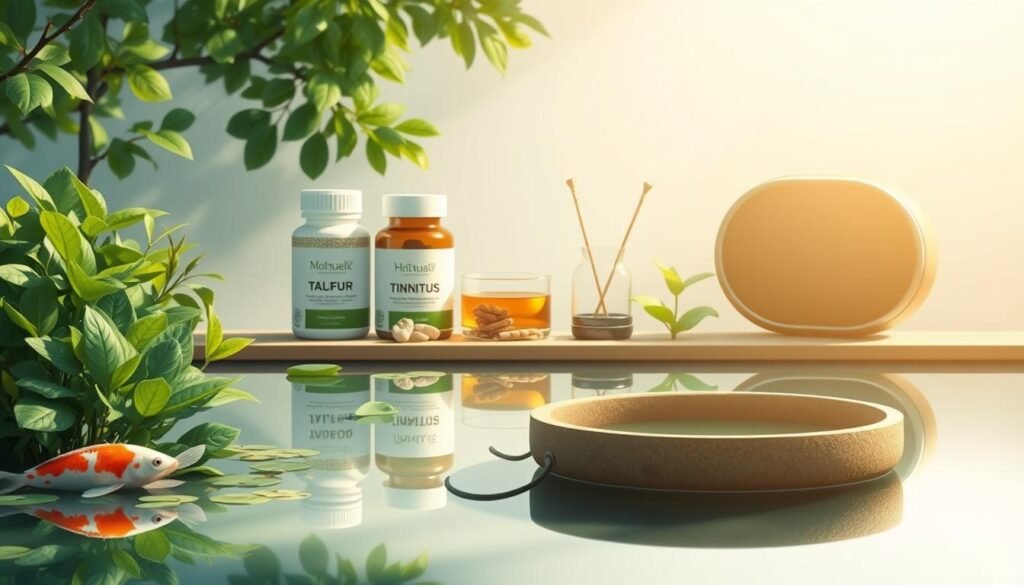 A serene and minimalist illustration depicting various traditional and modern remedies for tinnitus. In the foreground, a tranquil koi pond surrounded by lush greenery, symbolizing the calming effects of traditional Chinese medicine. In the middle ground, herbal supplements and acupuncture needles, representing holistic approaches. In the background, a sleek, modern sound therapy device, showcasing technological solutions. Soft, natural lighting casts a soothing glow, creating an atmosphere of balance and harmony. The composition emphasizes the harmony of Eastern and Western methods in addressing the common issue of tinnitus.