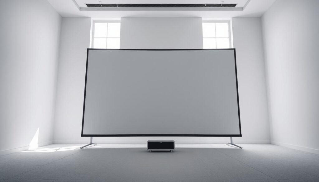 A sleek, modern projector screen stands in a bright, minimalist room, its trapezoidal shape distorted by the angle of the camera. The Aloha projector, with its clean lines and sophisticated design, is positioned carefully to capture the essence of the "字幕機梯形修正" concept. Soft, diffused lighting from large windows illuminates the screen, highlighting its angular geometry and creating a sense of depth and perspective. The camera is angled slightly upwards, emphasizing the trapezoidal effect and inviting the viewer to explore the technical details of this projection system. The overall mood is one of precision, clarity, and a celebration of the interplay between form and function.