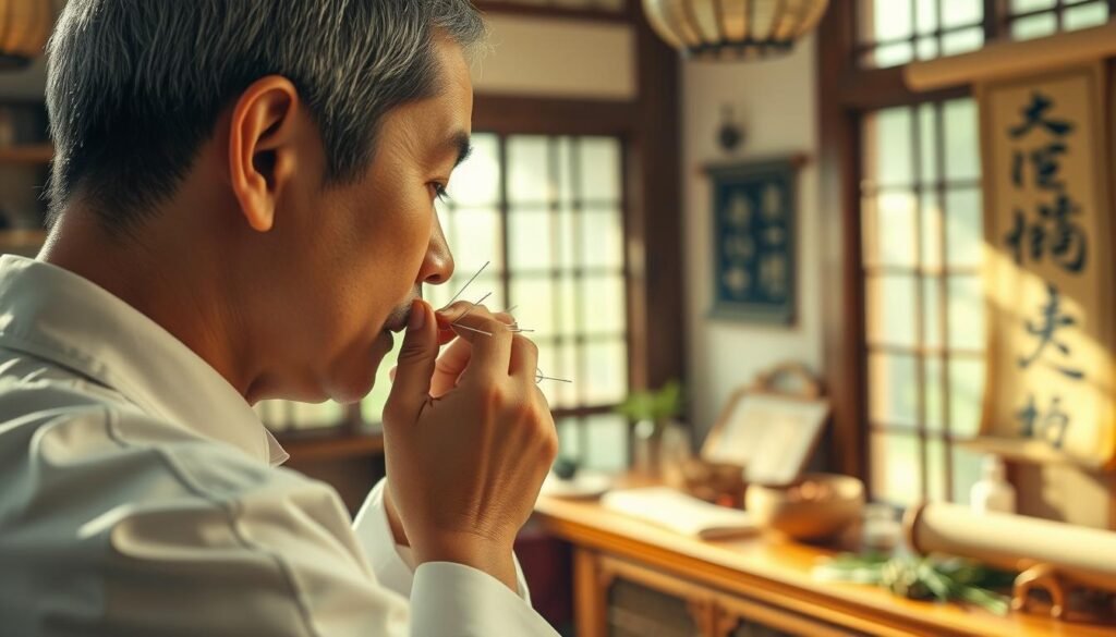 A tranquil traditional Chinese medicine clinic, with a skilled acupuncturist preparing to treat a patient's ear. The room is bathed in warm, natural lighting, creating a soothing atmosphere. Intricate acupuncture needles are carefully positioned around the patient's ear, aimed at restoring balance and harmony. In the background, herbs and ancient medical scrolls hint at the rich heritage of this holistic approach to addressing inner ear imbalances. The scene conveys a sense of expertise, care, and the promise of a natural, time-honored solution to the patient's condition.