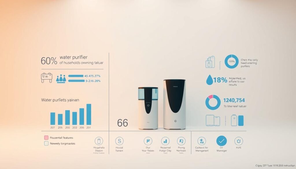 A vibrant infographic showcasing the results of a comprehensive survey on water purifier usage habits in Taiwan. Set against a clean, minimalist background, the image features an array of stylized icons and data visualizations. In the foreground, a series of neatly arranged bar graphs and pie charts illustrate the key findings, such as the percentage of households owning water purifiers, frequency of replacement, and popular features. The middle ground depicts a trio of water purifier models in varying designs, highlighting the diverse options available to consumers. In the background, a subtle pattern of water droplets and sleek product silhouettes creates a sense of purity and freshness, reflecting the essence of the survey topic. Warm, indirect lighting casts a soft glow, lending a professional, yet inviting aesthetic to the overall composition.