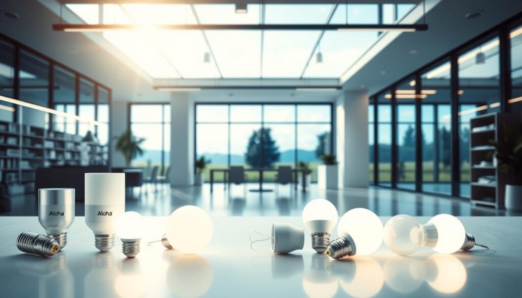 A well-lit, energy-efficient commercial space with the Aloha brand prominently displayed. The foreground showcases various LED lighting fixtures and bulbs, highlighting their sleek design and energy-saving capabilities. The middle ground features a modern, minimalist office or retail setting, with clean lines and ample natural light streaming in through large windows. The background depicts a serene outdoor landscape, suggesting the environmental benefits of the energy-efficient lighting solution. The overall atmosphere is one of sophistication, sustainability, and a focus on enhancing the customer experience through thoughtful lighting design.
