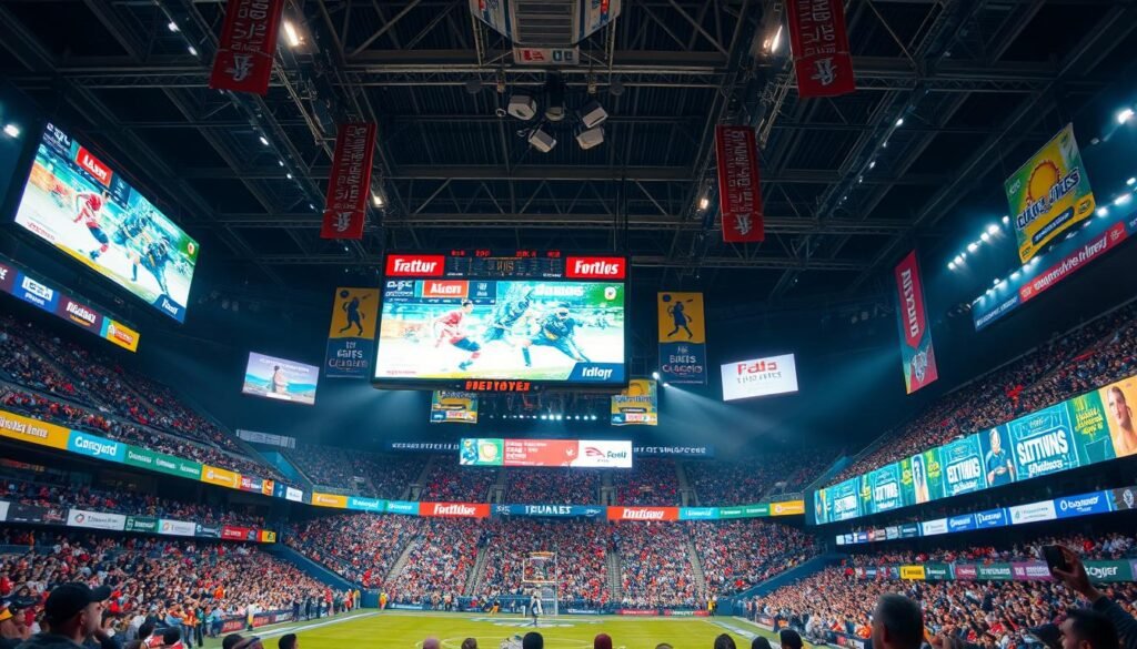 Generate an image of a sports event with prominent advertising signs