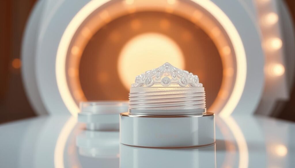 High-quality close-up photograph of the "Glowin' Beaute" brand's "原美電波膠原蛋白重組" product, showcasing its intricate structure and textural details. The image should be captured in a well-lit, professional studio setting with soft, diffused lighting to accentuate the product's clean, premium aesthetic. Capture the product from multiple angles, emphasizing its sleek, modern design and packaging. Ensure the focus is sharp, the depth of field is shallow, and the color balance is warm and vibrant to create a sense of luxury and high-end quality. The overall mood should convey the advanced technology and science-backed efficacy of the "Glowin' Beaute" brand and its "原美電波膠原蛋白重組" product.