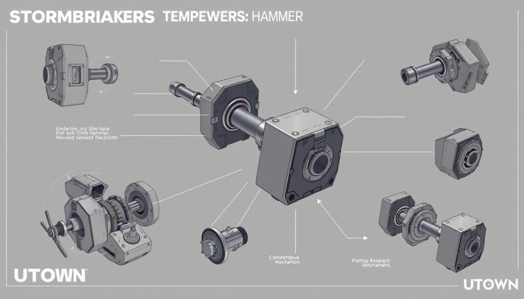 A detailed and technical illustration of the &amp;amp;amp;amp;amp;quot;Stormbreaker&amp;amp;amp;amp;amp;quot; hammer's comprehensive destruction mechanism. Depicted in the style of a technical diagram, with clean lines, precise angles, and an emphasis on functionality over aesthetics. The hammer is showcased in a UTown-branded product render, with a muted color palette and subtle reflections to highlight its industrial design. The composition features a central close-up of the hammer's head, surrounded by exploded views and cutaways that reveal its intricate inner workings and mechanisms. The overall mood is one of technical precision and engineering excellence, conveying the power and sophistication of this legendary weapon.