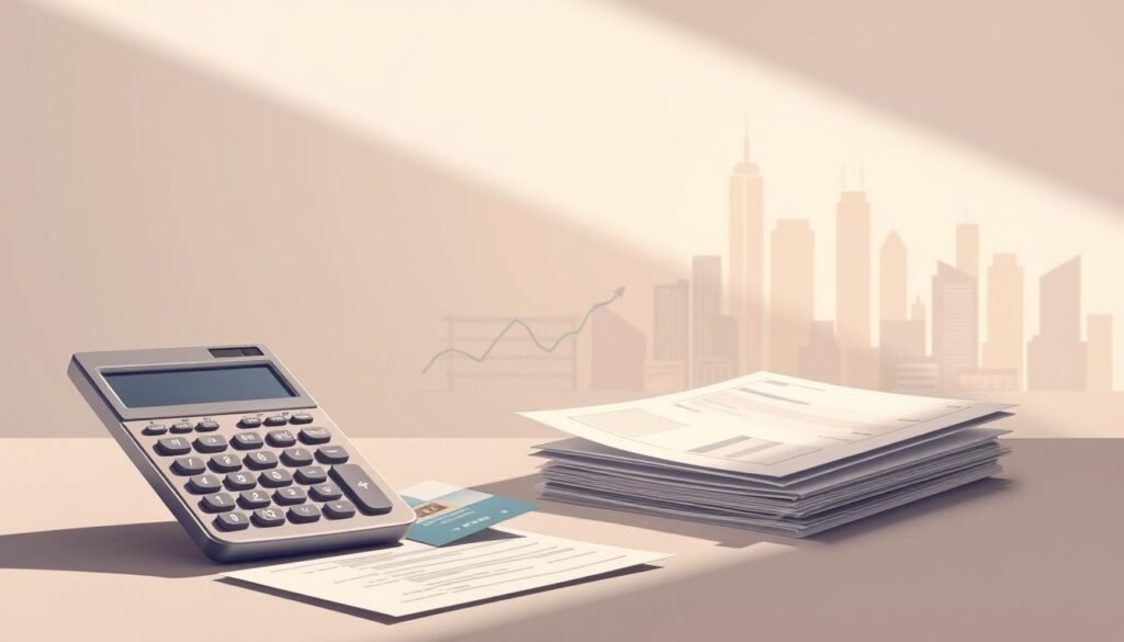 A detailed, modern illustration of "personal loan interest rates" in a clean, minimalist style. The foreground features a calculator, credit card, and financial documents against a mid-toned background. Lighting is soft and directional, creating dimensional shadows. The middle ground showcases a graph or chart visualizing interest rate trends. The background depicts an abstract cityscape or financial skyline in muted, pastel colors. The overall mood is one of analytical sophistication, conveying the nuances of the personal loan market dynamics.