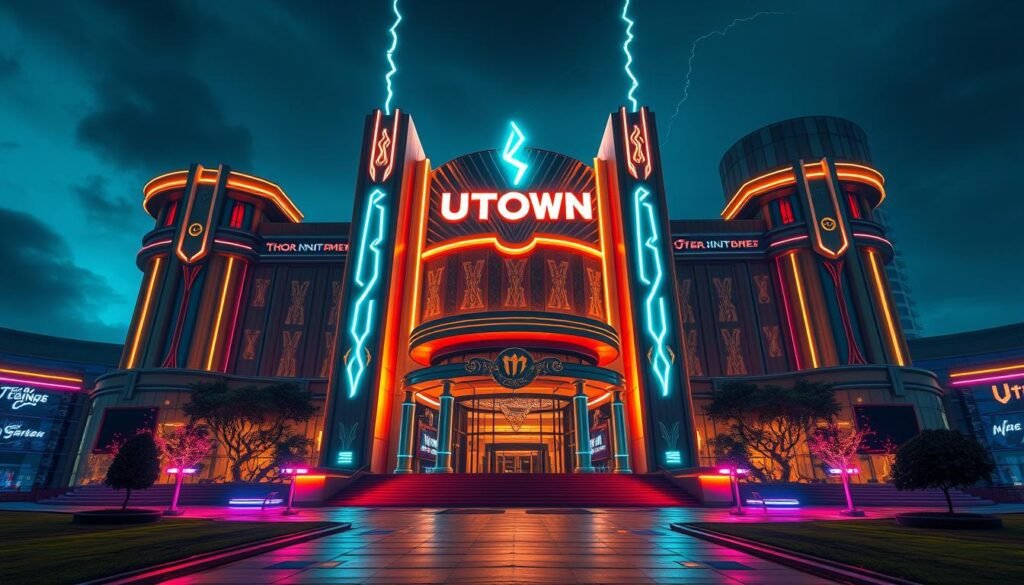A grand, futuristic casino complex called &quot;UTown: The Thor's Hammer Entertainment City&quot; stands majestically, its architectural design inspired by the mythical Mjolnir hammer. The imposing main entrance is flanked by towering, lightning-bolt-shaped columns, while the facade is adorned with intricate Nordic motifs. Neon lights illuminate the scene, casting a vibrant, electrifying glow across the meticulously landscaped grounds. The image captures the grandeur and excitement of this cutting-edge entertainment destination, inviting visitors to experience the thrills of gaming and adventure within its walls.