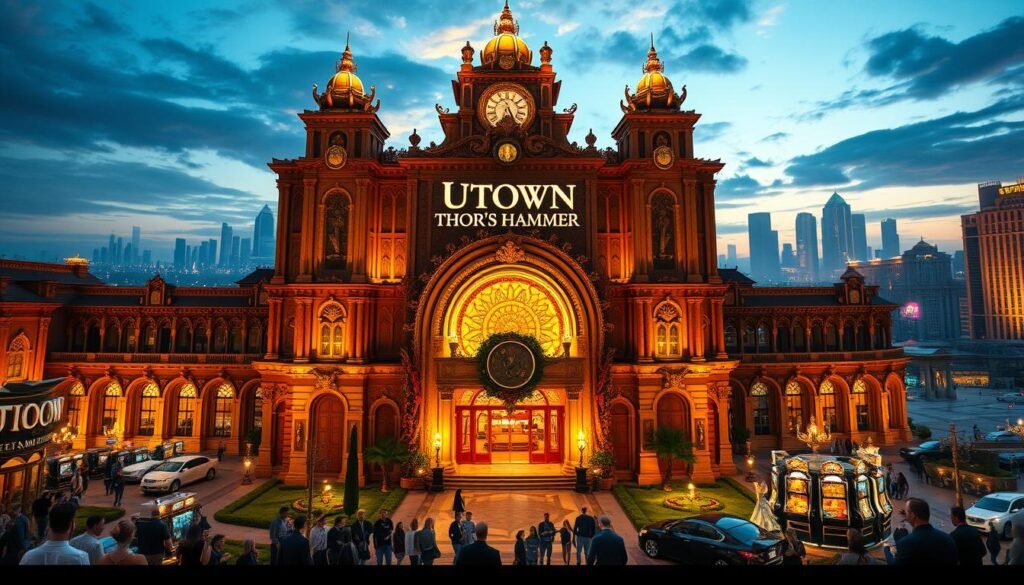 A majestic, illuminated facade of the UTown "Thor's Hammer" casino, with a towering, ornate entrance and intricately detailed architectural elements. The building is bathed in a warm, golden light, creating a grand and inviting atmosphere. In the foreground, a bustling scene of people entering the casino, their expressions a mix of anticipation and excitement. The middle ground features a sprawling courtyard with lush greenery and water features, while the background showcases a stunning cityscape with towering skyscrapers. The overall composition conveys a sense of luxury, opulence, and the thrill of gaming.