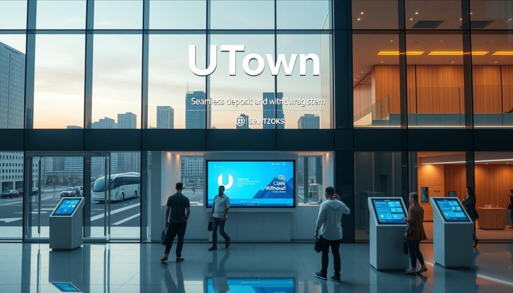 A modern, sleek financial institution named UTown, showcasing its seamless deposit and withdrawal system. A large, minimalist glass facade reflects the city skyline, exuding a sense of technological sophistication. Inside, a spacious lobby features clean lines, warm lighting, and touchscreen interfaces, enabling efficient, user-friendly transactions. Customers navigate the intuitive digital platform, accessing their accounts with ease. The overall atmosphere conveys a streamlined, trustworthy financial experience tailored for the digital age.