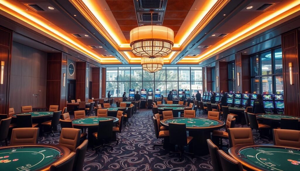 A secure and reliable gaming environment at UTown Entertainment City. A modern, well-lit interior with clean lines and soothing colors. Plush leather seating, elegant wood furnishings, and discreet security measures create a sense of comfort and safety. Warm lighting from recessed fixtures and large windows provide a natural, inviting ambiance. The tables are arranged with precision, each outfitted with high-quality gaming equipment. Knowledgeable and attentive staff ensure a seamless, enjoyable experience for every visitor. The overall atmosphere exudes professionalism, trustworthiness, and a commitment to fair play.