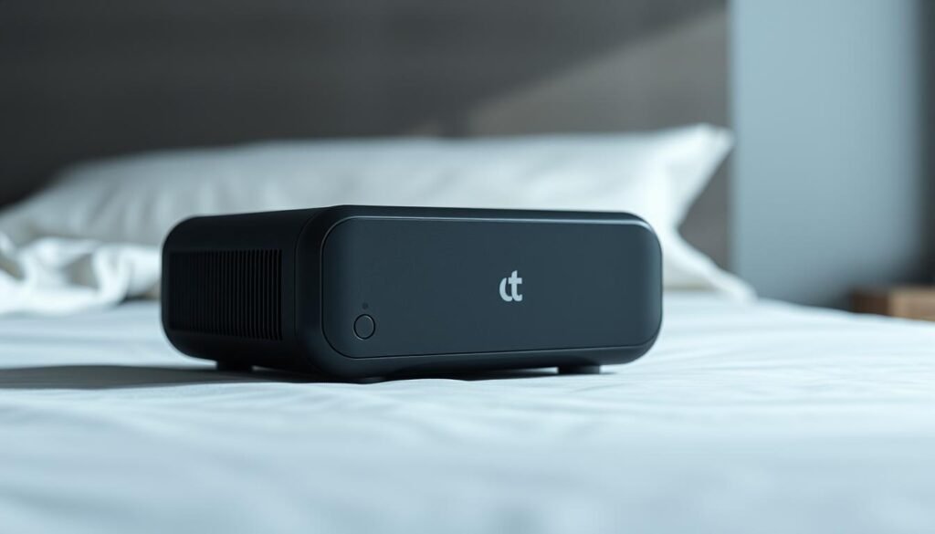 A sleek and modern iCareCPAP sleep apnea machine with a minimalist design, positioned prominently in the foreground against a blurred background. The device features a smooth, matte black chassis and clean lines, giving it a sophisticated, high-tech appearance. Soft, indirect lighting casts subtle shadows, highlighting the machine's contours and creating a calming, therapeutic atmosphere. The image conveys a sense of advanced medical technology and personal healthcare, perfectly suited to illustrate the "睡眠呼吸機維修保養條款" section of the article.