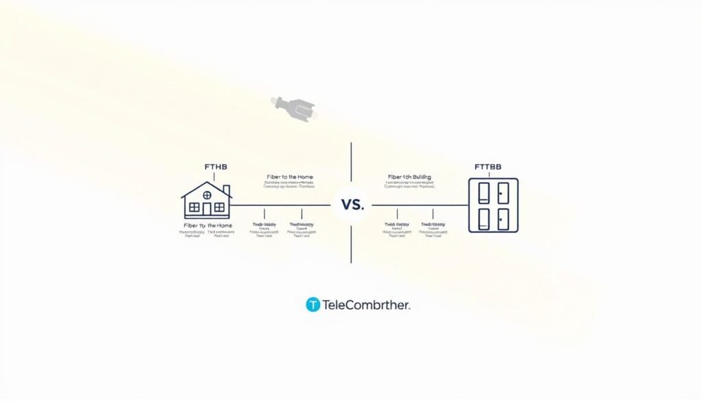 A sleek and modern illustration showcasing the differences between Fiber-to-the-Home (FTTH) and traditional Fiber-to-the-Building (FTTB) broadband technologies. The image features a central comparison with labeled diagrams, surrounded by a minimalist white background. The Telecombrother logo is subtly integrated into the design. Warm, natural lighting illuminates the scene, creating a clean, informative, and visually appealing representation of the broadband infrastructure topic.