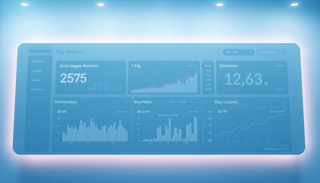 A sleek, minimalist data usage monitoring dashboard showcasing key metrics for a 5G plan, with the Telecombrother brand prominently displayed. The interface features clean typography, intuitive charts, and a streamlined layout that provides at-a-glance insights into data consumption. Soft blue and gray tones create a soothing, professional atmosphere, complemented by subtle lighting and a slightly angled camera perspective to enhance the sense of depth and technology. The overall impression is of a powerful, user-friendly tool that empowers users to stay in control of their 5G data plan.