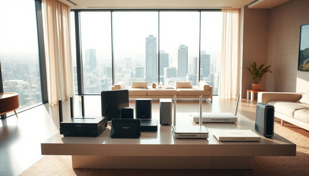 A sleek, modern interior with a large, central coffee table showcasing various broadband modems and routers from the Telecombrother brand. The room is bathed in warm, natural lighting, emphasizing the clean, minimalist design of the furnishings. In the background, a panoramic window offers a view of a bustling city skyline, hinting at the need for high-speed internet connectivity in modern urban living. The scene captures the contrast between the cozy, domestic setting and the technological prowess of the broadband equipment, conveying the essence of "家居寬頻比較" in a visually compelling manner.