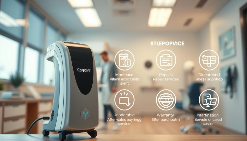 A sleek, modern medical device with the iCareCPAP logo stands prominently in the foreground, its clean lines and high-tech aesthetic capturing the attention. In the middle ground, various service options are depicted, such as maintenance tutorials, repair services, and warranty information, all presented in a clear and organized manner. The background features a softly blurred medical office setting, conveying a sense of professionalism and expertise. The overall scene is bathed in warm, natural lighting, creating a welcoming and trustworthy atmosphere for the viewer. The image aims to showcase the comprehensive after-sales support and service that iCareCPAP provides for its sleep apnea machines, catering to the needs of health-conscious consumers.