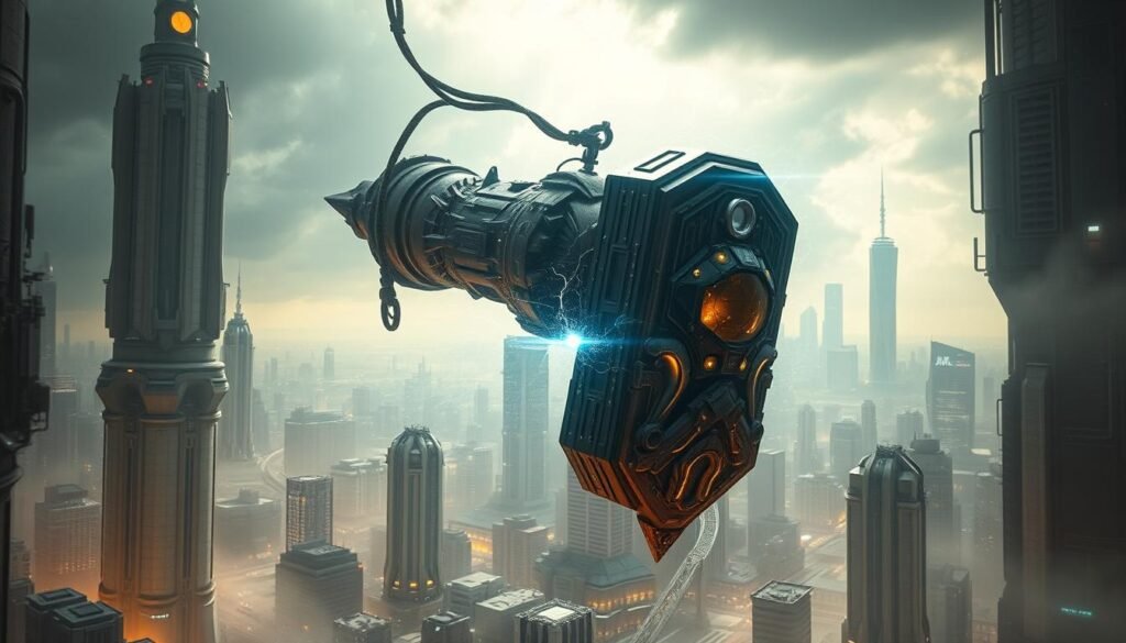 A sprawling, futuristic cityscape of towering high-rises and advanced infrastructure, bathed in a dramatic, ethereal lighting. In the foreground, a colossal, ornate hammer hovers, its intricate mechanisms glowing with a pulsing, electric energy. The hammer's power builds and compounds, radiating an aura of immense, otherworldly might. In the background, the iconic UTown skyline stands tall, hinting at the grand scale and technological prowess of this futuristic realm. The scene evokes a sense of awe, power, and the relentless accumulation of might.