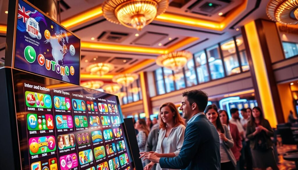 A vibrant and dynamic international lottery game scene, set within the elegant and modern interiors of the UTown entertainment complex. The foreground features a large digital display showcasing a variety of international lottery options, with colorful graphics and animations. The middle ground depicts a group of people enthusiastically engaging with the games, their expressions filled with excitement and anticipation. The background is bathed in warm, inviting lighting, creating a welcoming and immersive atmosphere. The overall composition conveys the diversity, excitement, and global nature of the lottery experiences offered at UTown.