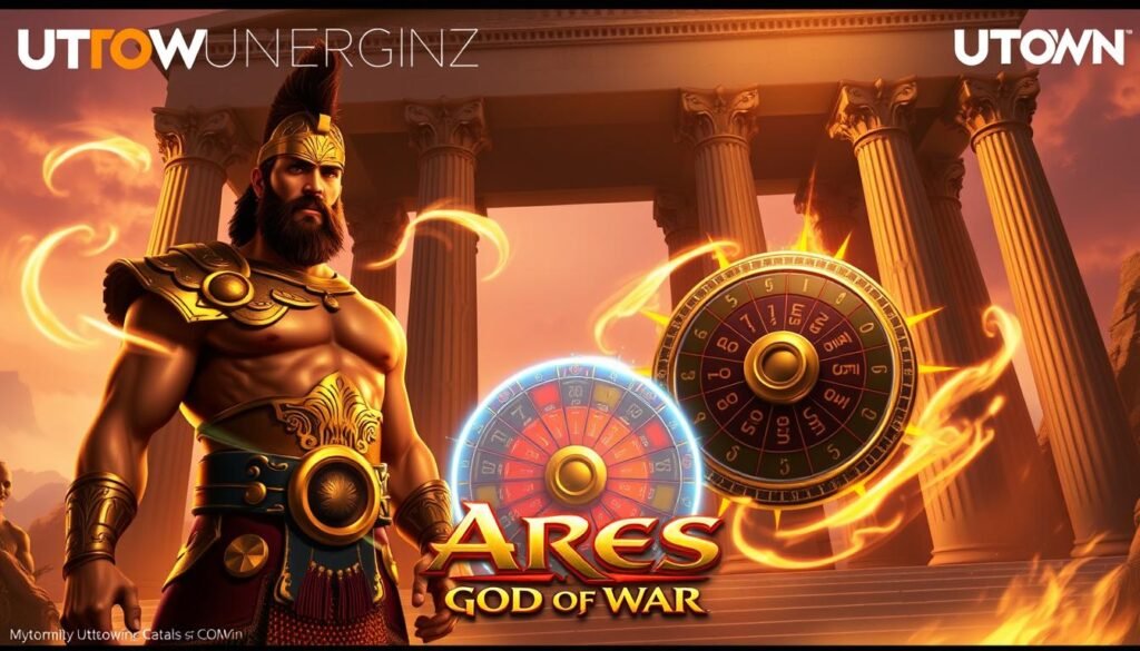 A vibrant digital illustration showcasing the special features of the "Ares: God of War" slot game within the UTown entertainment complex. In the foreground, the powerful figure of the god Ares stands tall, his imposing presence commanding attention. Intricate golden armor adorns his muscular frame, while a fierce determination burns in his eyes. Swirling energy pulses around him, hinting at the game's thrilling special abilities. The middle ground features a free spin bonus wheel, its spokes glowing with an otherworldly light, promising lucrative rewards. In the background, a majestic temple rises, its ancient pillars and ornate carvings evoking the game's mythological setting. Warm, dramatic lighting casts dramatic shadows, heightening the sense of power and excitement. The overall composition conveys the game's blend of divine grandeur and pulse-pounding gameplay.