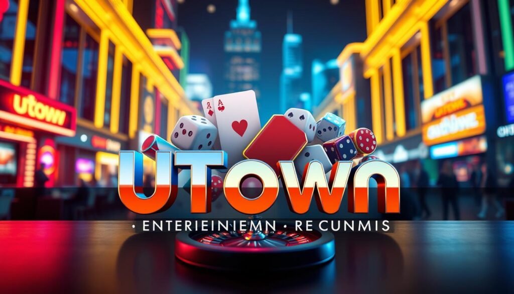 A vibrant, high-resolution image of the &quot;UTown Entertainment City Lottery Guide&quot; featuring a sleek, modern design aesthetic. The foreground showcases the brand name &quot;UTown&quot; prominently displayed in a bold, stylized font with a gradient effect. The middle ground depicts various lottery game icons, such as dice, playing cards, and a spinning roulette wheel, all rendered in a polished, three-dimensional style. The background is a soft, blurred cityscape with skyscrapers and neon lights, creating a sense of an immersive, bustling entertainment district. The overall mood is one of excitement, sophistication, and the promise of thrilling gameplay experiences.