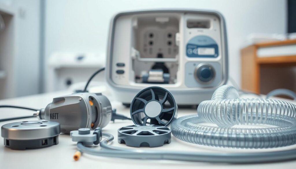 A well-lit, detailed close-up of an iCareCPAP sleep apnea machine's internal components, including the motor, fan, and tubing. The foreground features the disassembled parts laid out neatly, showcasing their intricate mechanical design. The middle ground depicts the machine's open casing, revealing its inner workings. The background is a clean, clinical environment, emphasizing the precision and care required for maintaining and replacing these essential respiratory device components. The overall mood is one of technical expertise and attention to detail, supporting the article's focus on sleep apnea machine maintenance and part replacement.