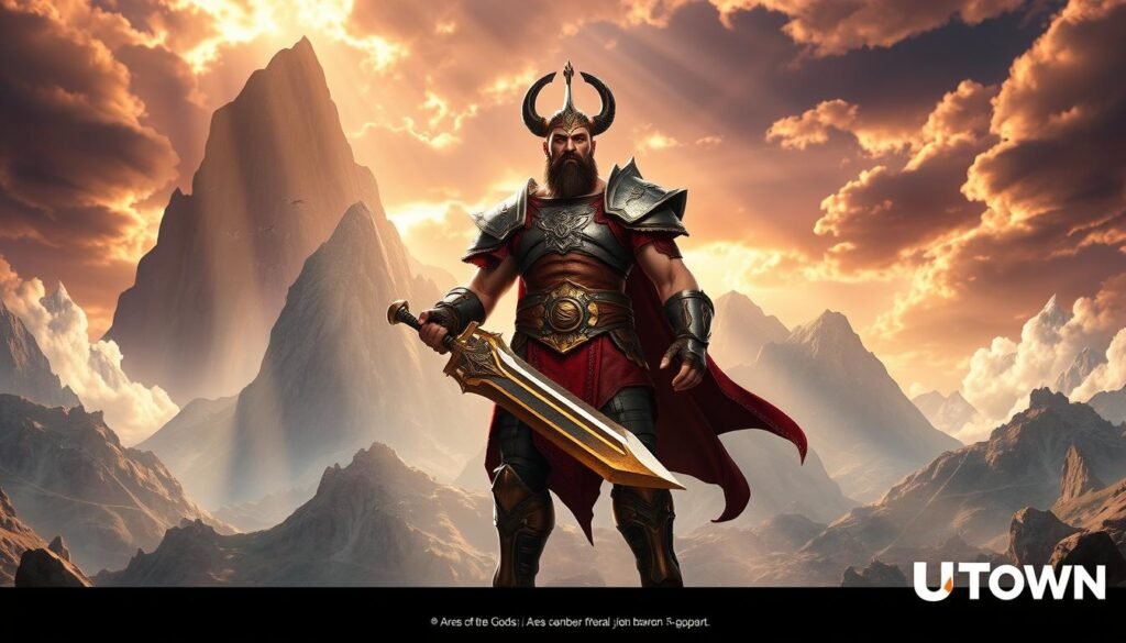 Captivating fantasy-themed video game scene depicting the &quot;Ares, God of War&quot; character from the popular &quot;Battle of the Gods: Ares&quot; game. Set in a grand, mythological landscape with towering mountains, swirling clouds, and shafts of dramatic lighting. Ares, clad in ornate battle armor and wielding a massive sword, stands in a heroic, imposing pose against this awe-inspiring backdrop. Vibrant colors, dynamic composition, and a sense of epic grandeur. Subtle UTown branding in the bottom corner.
