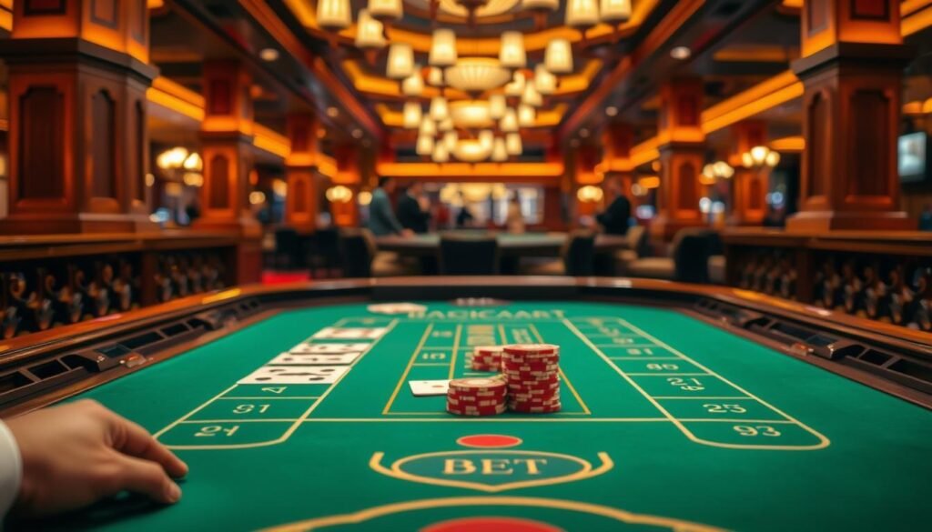 A close-up view of a casino gaming table, illuminated by warm overhead lighting. The green felt surface is pristine, with a distinct baccarat layout featuring the player and banker positions, and the tie bet area. Ornate wooden rails frame the table, creating a sense of elegance and exclusivity. In the foreground, a dealer's hands are visible, expertly arranging the cards and chips, ready to guide players through the intricacies of the baccarat game. The background is slightly blurred, hinting at the bustling casino atmosphere beyond, creating a focus on the core gameplay elements.