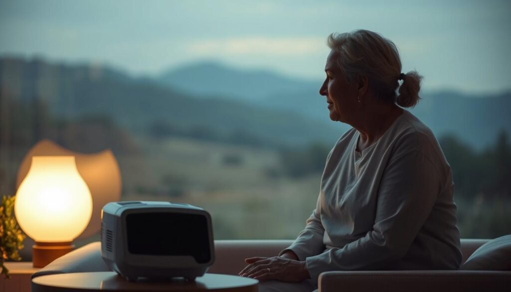 A serene, dimly lit scene depicting a therapist guiding a patient through psychological counseling while using the iCareCPAP sleep apnea machine. The therapist, sitting across from the patient, maintains a warm, empathetic expression as they discuss coping strategies. In the background, a soothing, natural landscape with a calming color palette sets the tone. The patient's face is relaxed, signifying the trust and comfort established in the therapeutic relationship. Soft lighting from a nearby lamp casts a gentle glow, creating an atmosphere of introspection and healing. The iCareCPAP machine sits unobtrusively on a side table, symbolizing the integration of medical technology and mental health support.