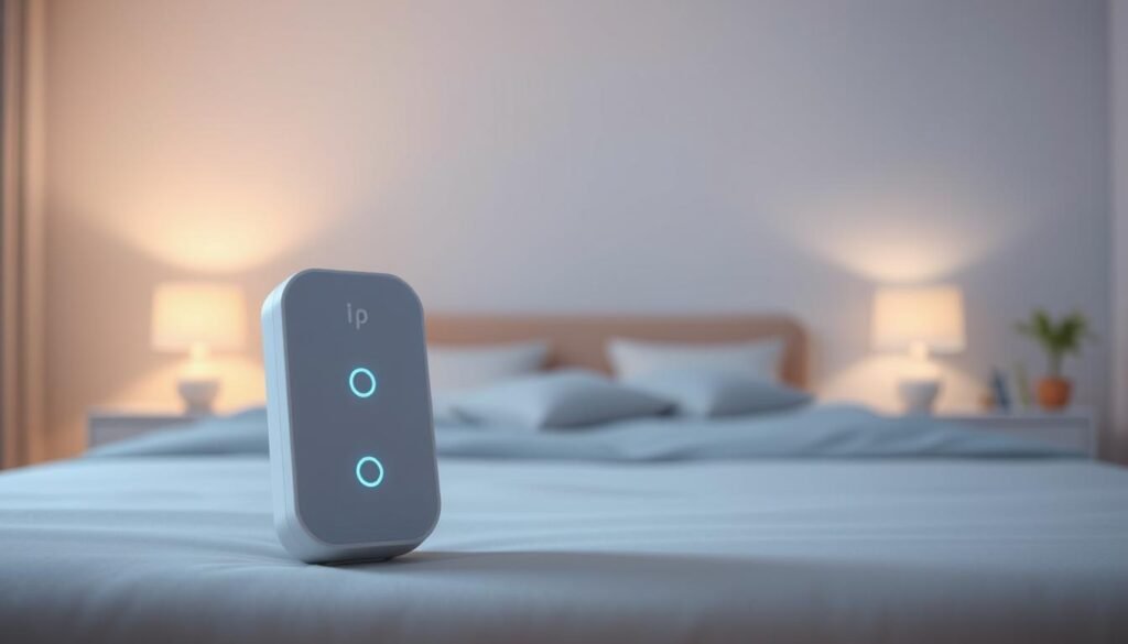 A serene, minimalist illustration showcasing the iCareCPAP sleep apnea machine. A sleek, modern device sits prominently in the foreground, its clean lines and soft blue LED lights conveying a sense of high-tech simplicity. In the middle ground, a tranquil bedroom scene with a comfortable bed and soothing lighting creates a relaxing, therapeutic atmosphere. The background features soft, muted gradients, reinforcing the calming, wellness-focused ambiance. Lighting is natural and diffused, with a slight vignette effect to draw the eye to the central device. The overall composition and color palette aim to visually represent the guide's focus on improving adaptation and comfort with sleep apnea therapy.