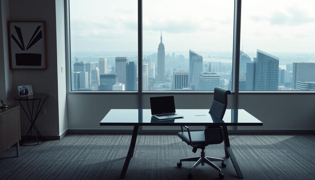 A serene office interior with a sleek, modern desk and chair. On the desk, a laptop and some documents, representing the bank application process. The walls are adorned with minimalist art, creating a calming atmosphere. Soft, diffused lighting illuminates the scene, emphasizing the clean, uncluttered design. In the background, a large window offers a glimpse of a bustling city skyline, symbolizing the wider financial landscape. The overall mood is one of efficiency, professionalism, and an effortless, streamlined banking experience, without the burden of credit checks.