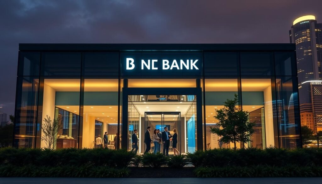 A sleek, modern bank exterior with a minimalist design. The building is made of glass and steel, giving it a clean, sophisticated look. The façade is illuminated by warm, diffused lighting, creating a welcoming atmosphere. In the foreground, a group of people are entering the bank, their expressions conveying a sense of confidence and trust. The middle ground features a well-manicured landscape with lush greenery, adding to the tranquil ambiance. The background showcases a bustling city skyline, hinting at the bank's central location and accessibility. The overall scene exudes a sense of professionalism, innovation, and customer-centric service, reflecting the defining characteristics of a bank that does not consider credit inquiries when evaluating loan applications.