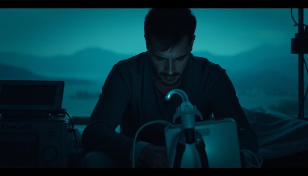 A sleep apnea patient, surrounded by the iCareCPAP device and medical equipment, sits hunched and anxious, their face etched with trepidation. The dim, moody lighting casts long shadows, amplifying the sense of unease. In the background, a hazy, dreamlike landscape reflects the patient's inner turmoil, while the foreground is dominated by the imposing presence of the medical apparatus, a constant reminder of their condition. The overall atmosphere conveys the psychological burden and fear that often accompanies the use of sleep apnea and respiratory devices.