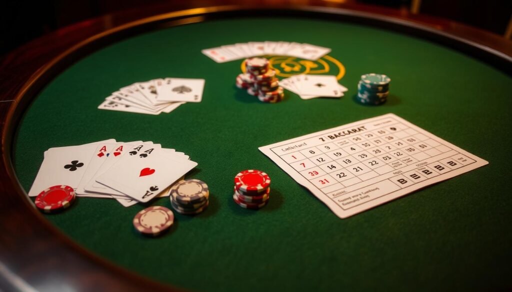 A visually striking table-top scene showcasing the fundamental rules of Baccarat. The table is made of dark, polished wood, with a green felt surface. Neatly arranged on the table are the essential playing cards, casino chips in various denominations, and a Baccarat-specific scorecard. The lighting is warm and focused, creating a sense of elegance and sophistication. The camera angle is slightly elevated, providing a clear overview of the gameplay elements. The overall mood is one of precision, strategy, and the allure of casino gaming.