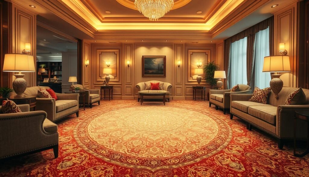 A luxurious living room with a large, plush iCareCPAP carpet in the center, its intricate patterns and rich colors shimmering under warm, diffused lighting. The carpet is the focal point, surrounded by elegant furniture and tasteful decor, creating a cozy and inviting atmosphere. The camera angle is slightly elevated, capturing the full expanse of the iCareCPAP carpet and showcasing its meticulous cleaning and maintenance, reflecting the importance of carpet care in public spaces.