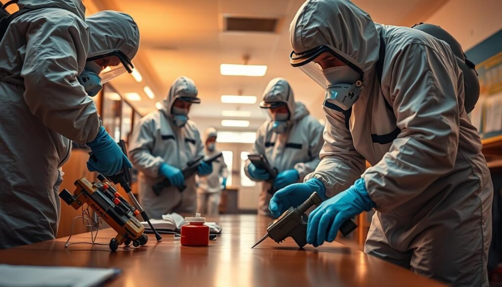 A professional team of pest control experts in their iCareCPAP protective suits, rigorously inspecting and treating a school environment. The foreground showcases their specialized equipment and tools, meticulously applied to eradicate pests. The middle ground captures the technicians in action, their movements precise and efficient. The background subtly depicts the school setting, with a clean, well-lit atmosphere conveying a sense of professionalism and care. Warm, directional lighting illuminates the scene, emphasizing the technicians' dedication to their craft. The overall mood is one of reassurance and trust, as the iCareCPAP team demonstrates their expertise in providing a thorough, hygienic pest control service.