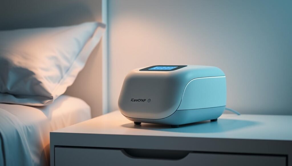 A sleek, white medical device with a smooth, ergonomic design sits on a clean, minimalist bedside table. The iCareCPAP machine emits a soft, ambient glow, illuminating the surrounding room with a calming, therapeutic atmosphere. The device's intuitive control panel and adjustable settings suggest its ability to provide personalized, comfortable respiratory support throughout the night. Subtle shadows and highlights accentuate the machine's modern, technologically advanced features, conveying its role in improving the user's sleep quality and overall health.