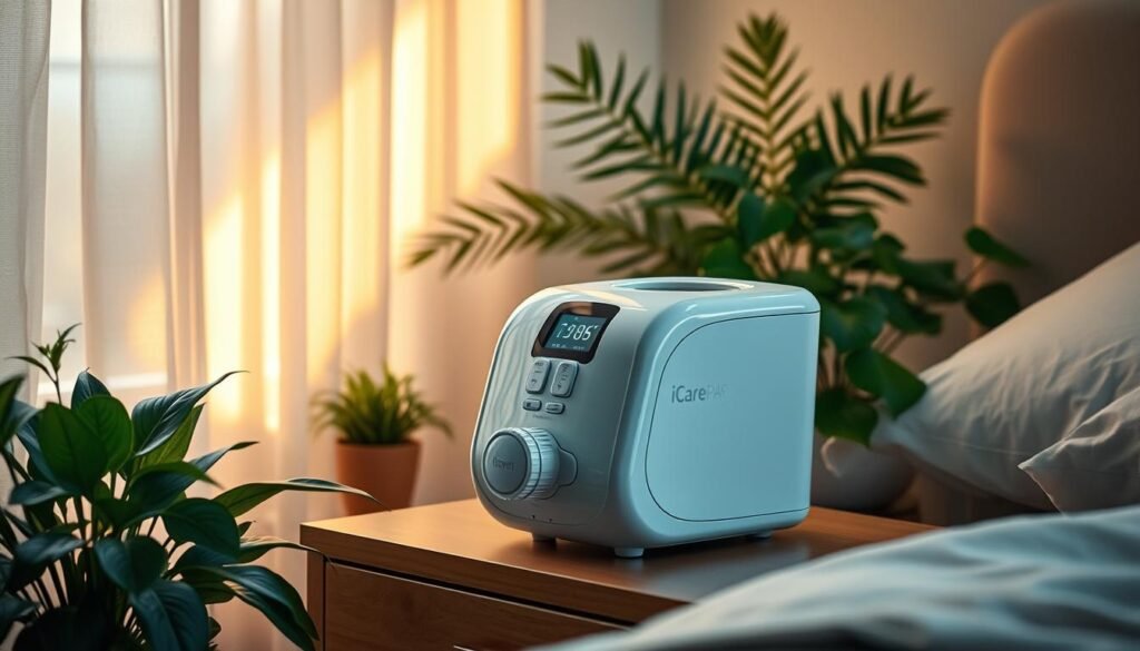 A well-designed iCareCPAP sleep apnea machine, its sleek body gleaming under soft, diffused lighting. The machine sits prominently on a nightstand, surrounded by a cozy, serene bedroom environment. Lush plants and minimal decor create a calming, natural atmosphere. The machine's intuitive controls and display panel are visible, suggesting its user-friendly functionality. Rays of warm, golden light filter through sheer curtains, casting a gentle glow over the scene. The overall composition conveys the machine's importance in improving sleep quality and respiratory health, seamlessly integrated into a harmonious, restful living space.
