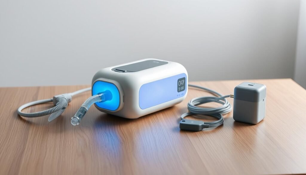 A sleek, modern medical device sits on a minimalist wooden table, its clean lines and soft blue illumination radiating a sense of technological sophistication. The iCareCPAP sleep apnea machine, with its discreet and ergonomic design, is the focal point, surrounded by an array of accessories, including a nasal mask, tubing, and a compact power supply. The image is bathed in soft, diffused lighting, creating a calming and inviting atmosphere that reflects the device's purpose of providing comfortable, effective treatment for sleep apnea patients. The overall composition emphasizes the user-friendly nature of the iCareCPAP system, making it an ideal choice for those seeking a reliable and easy-to-use sleep apnea management solution.