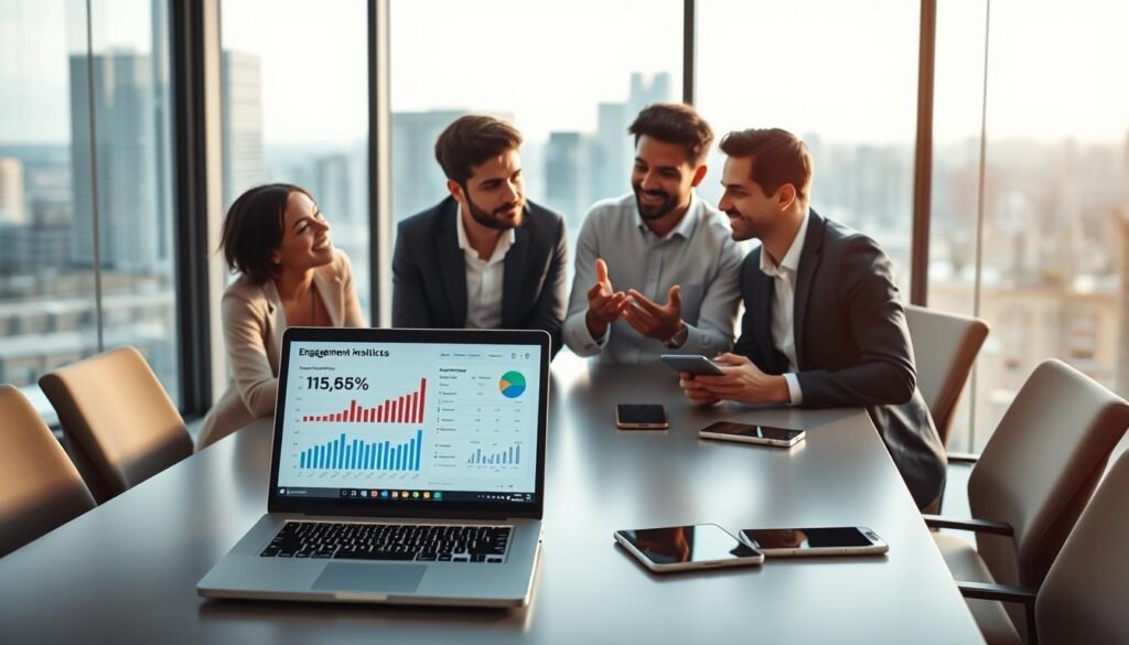 A modern digital workspace featuring a diverse group of four professionals collaborating around a sleek conference table. In the foreground, a laptop displays statistics and insights on a screen, highlighting engagement metrics. The middle ground showcases two individuals animatedly discussing their strategies, one gesturing towards the screen, while the other takes notes, both dressed in smart casual attire. The background reveals a large window overlooking a cityscape, with soft natural light illuminating the scene, creating a warm and inviting atmosphere. Subtle tech elements, like smartphones and tablets, are scattered on the table, symbolizing innovation and connectivity in brand interaction. The overall mood radiates teamwork, creativity, and strategic thinking, emphasizing interaction in a business setting.