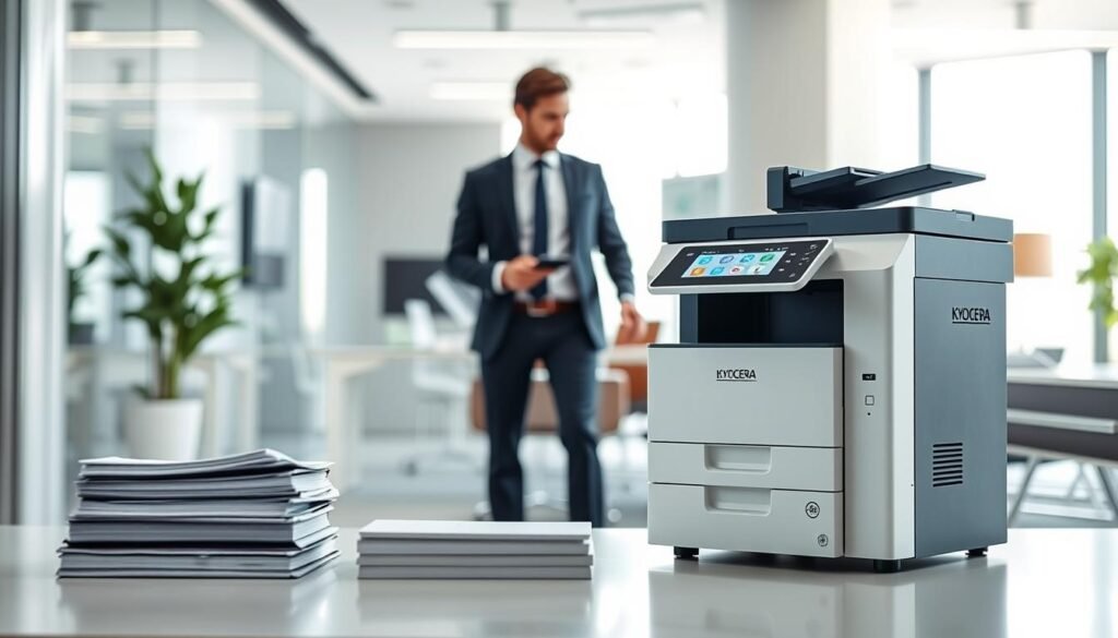 A professional office environment showcasing a KYOCERA A3 multifunction printer set against a sleek, modern backdrop. In the foreground, the printer is displaying a user-friendly interface with vibrant icons for scanning and archiving. Nearby, neatly organized stacks of documents and files highlight efficient document management. In the middle ground, a business professional in smart attire is engaging with the printer, illustrating a seamless interaction. The background features a well-lit office space with contemporary furniture and a large window letting in natural light, creating a bright and inviting atmosphere. The scene captures the essence of digital document workflows, emphasizing efficiency and organization in a professional setting.
